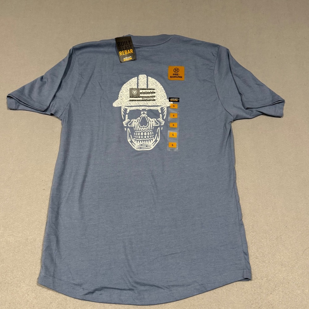 Ariat Rebar Graphic T-Shirt Mens Small Blue Infinity Heather Skull Hard Hat NEW
